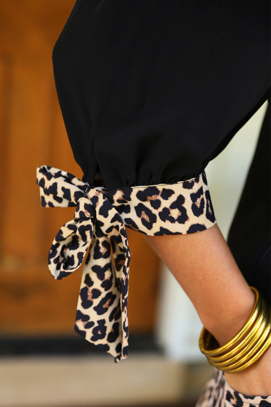 PREORDER- Cassidy Tie Sleeve Top- Black/Leopard