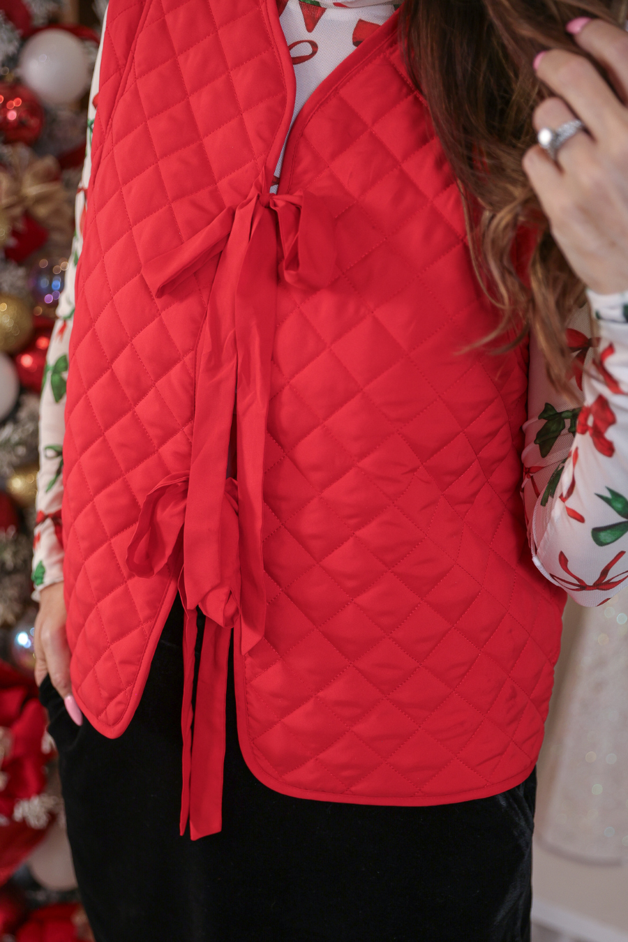 Twila Quilted Tie Vest- Red