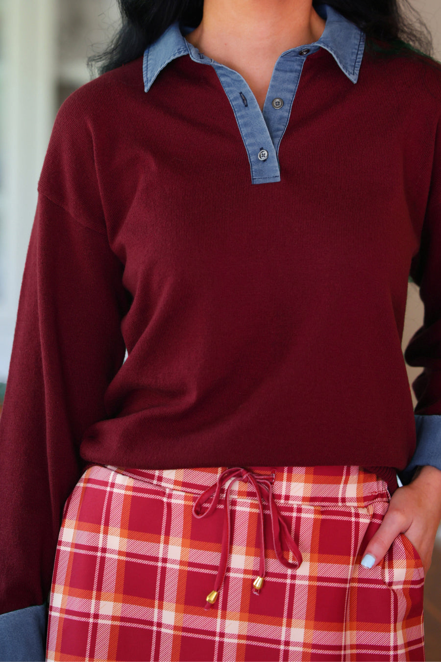 PREORDER- Denim Trim Knit Sweater- Burgundy