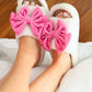 Open Toe Cozy Bow Slippers- White/Solid Pink