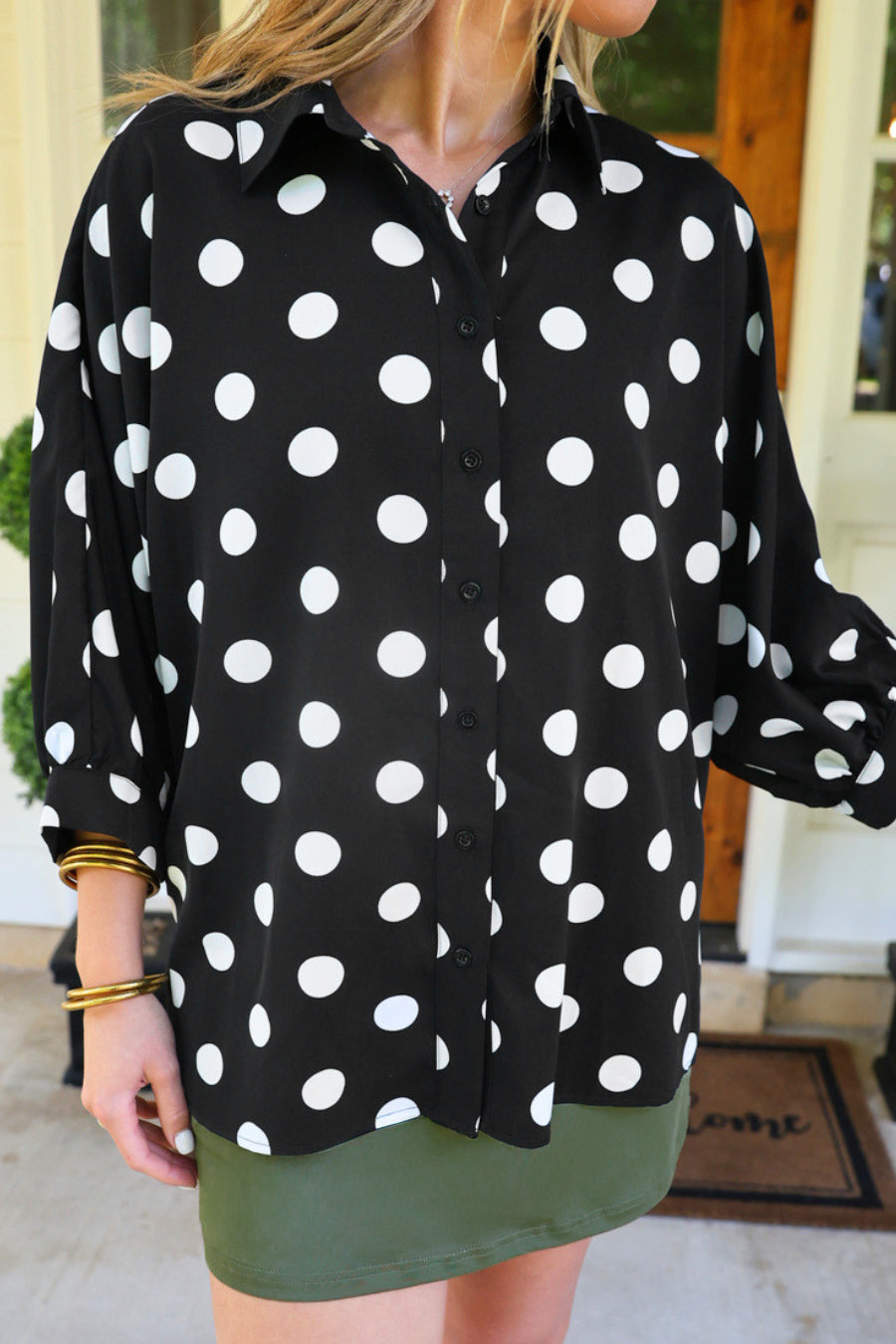 PREORDER- Sloane Button Up Top- After Dark Polka Dot
