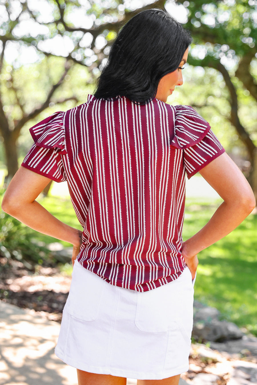 PREORDER- Layla Striped Flutter Sleeve Blouse- Maroon