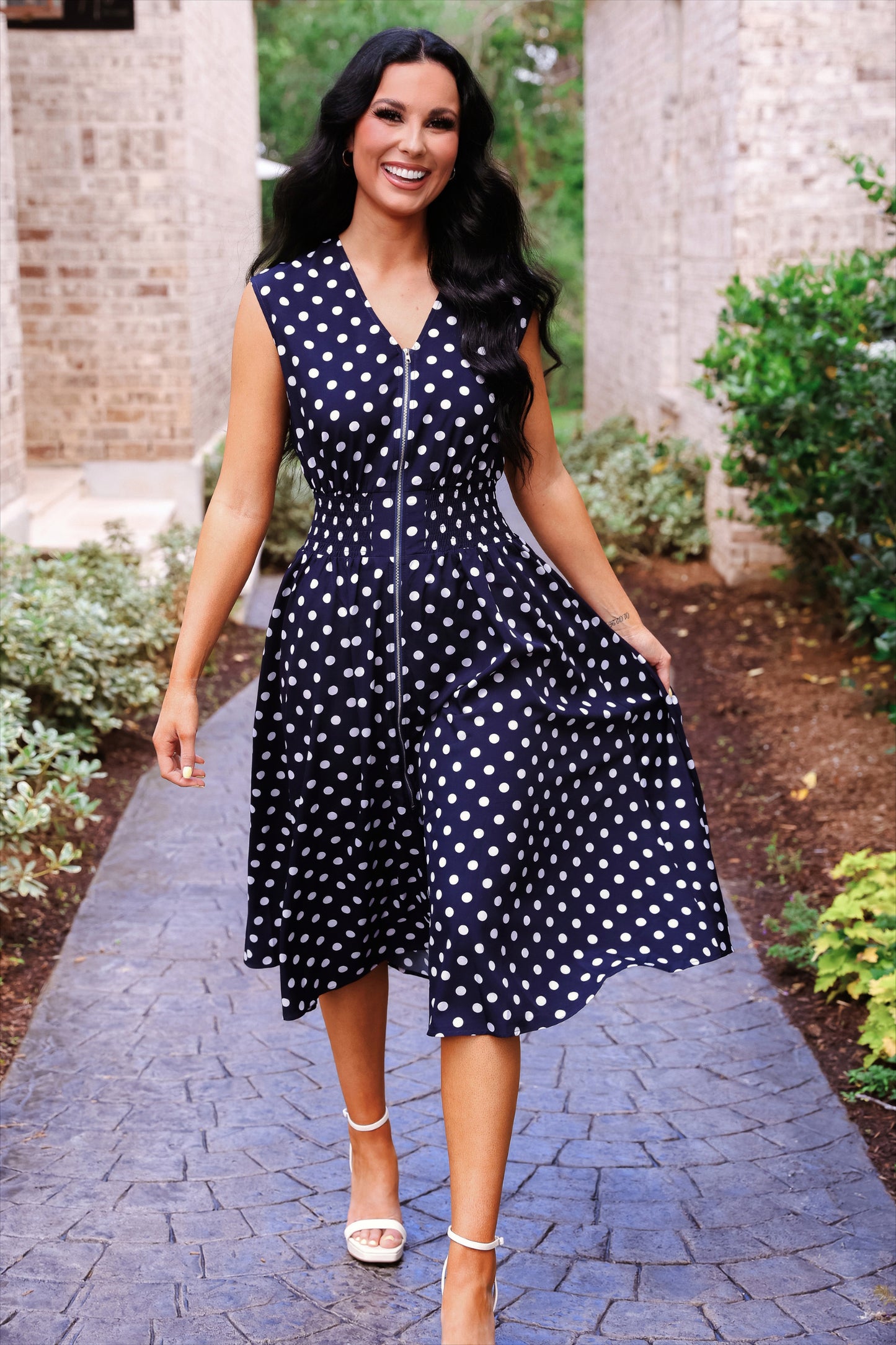 Annie Midi Zipper Dress- Navy Polka Dot