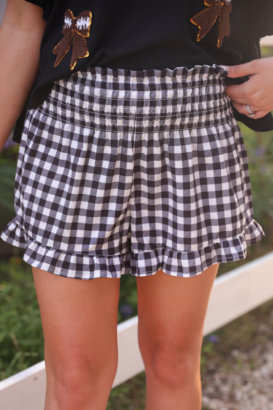 PREORDER- Sunny Strolls High Waisted Shorts- Black Gingham