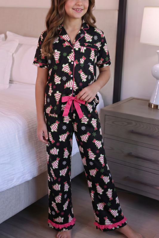 PREORDER- Merry Bow Christmas Treat Girls Ruffle Pajama Set