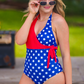 Liberty Wave Halter Swimsuit, Red/Blue