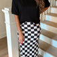 Checkered Printed Midi Skirt, Black/White