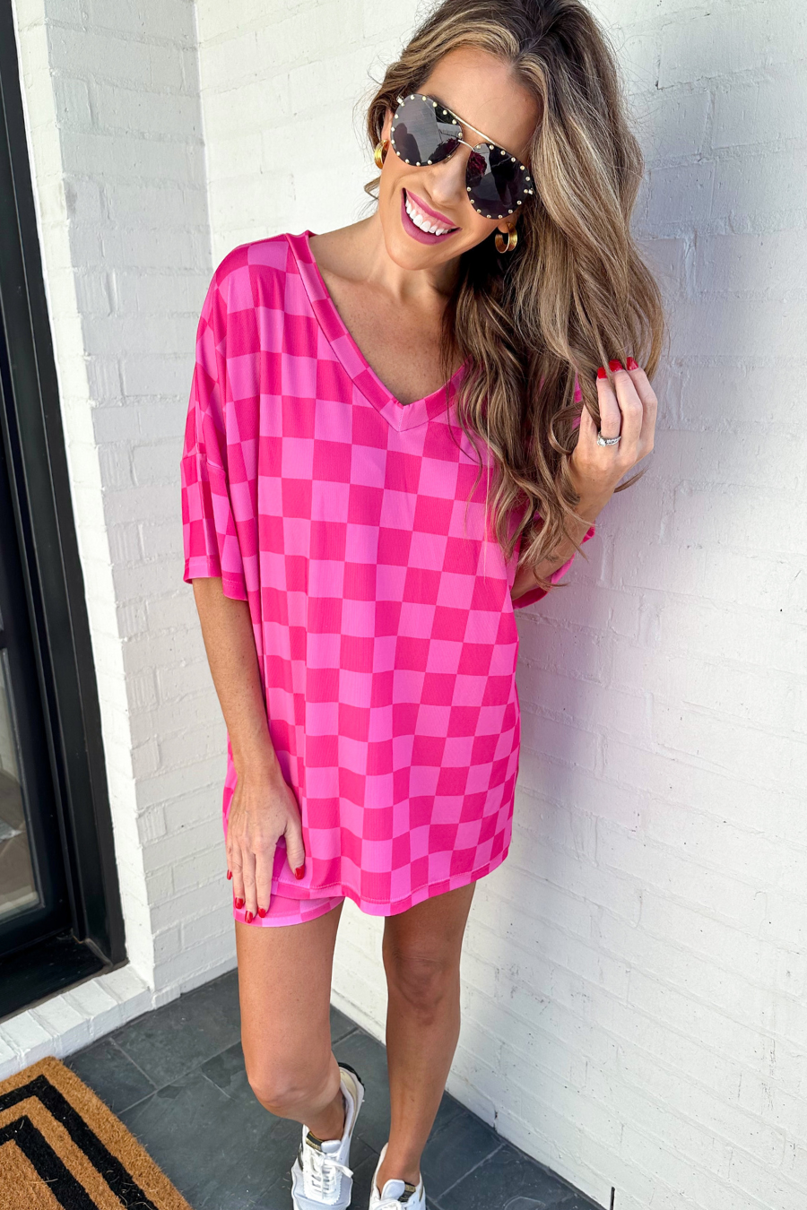 Daily Basis Biker Set, Pink/Pink Checkered
