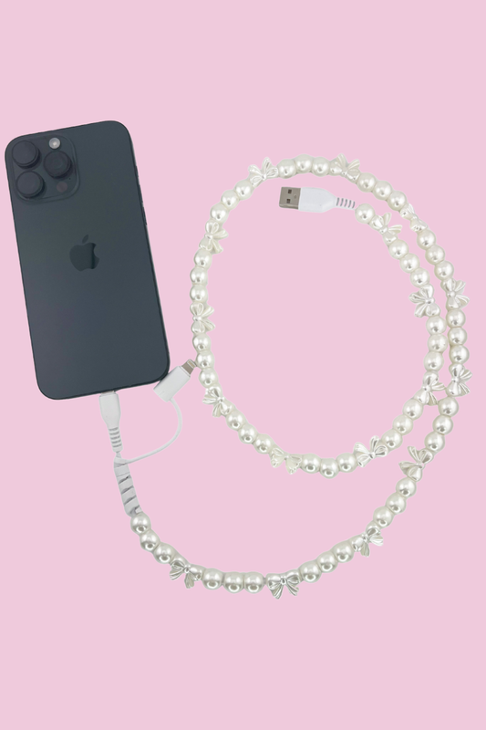 2 in 1 Beaded USB Charger- Pearl & Bows