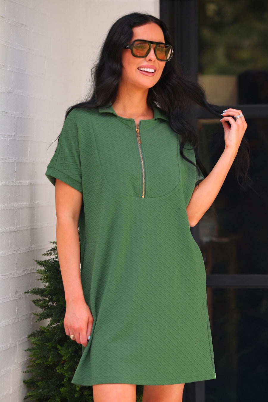 PREORDER- Ezra Textured Zipper Dress- Olive
