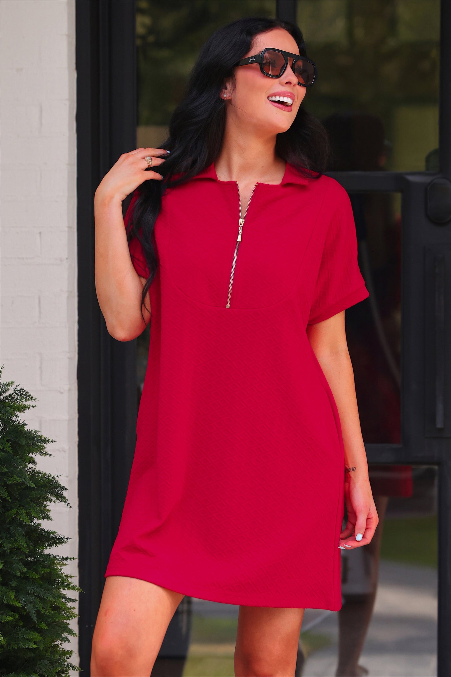 PREORDER- Ezra Textured Zipper Dress- Red