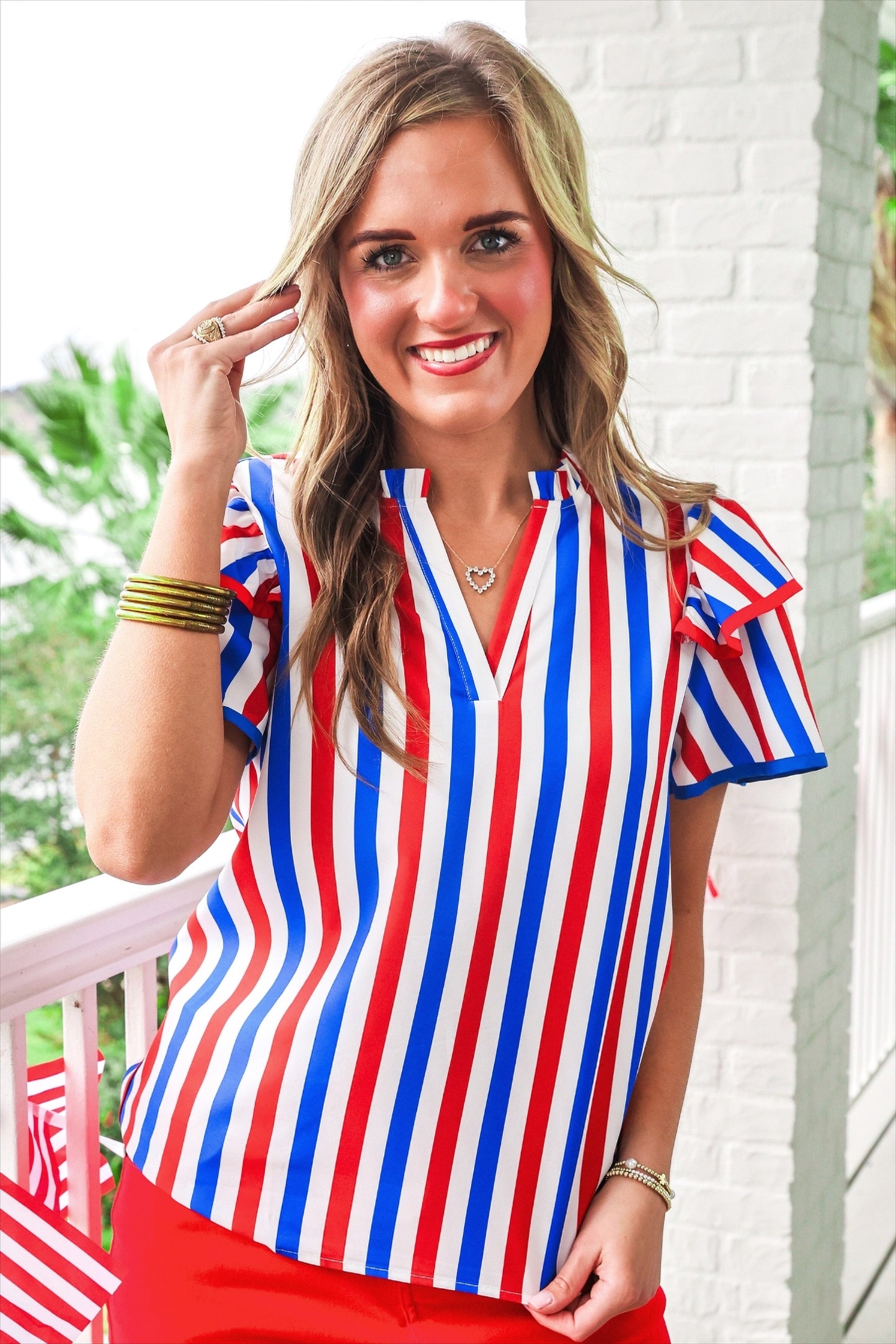 PREORDER- Kennedy Flutter Sleeve Blouse- Patriotic Stripes
