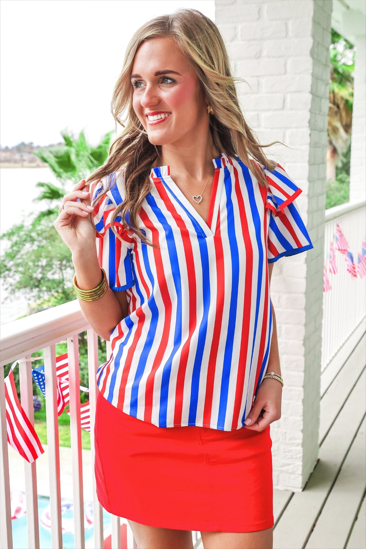 PREORDER- Kennedy Flutter Sleeve Blouse- Patriotic Stripes