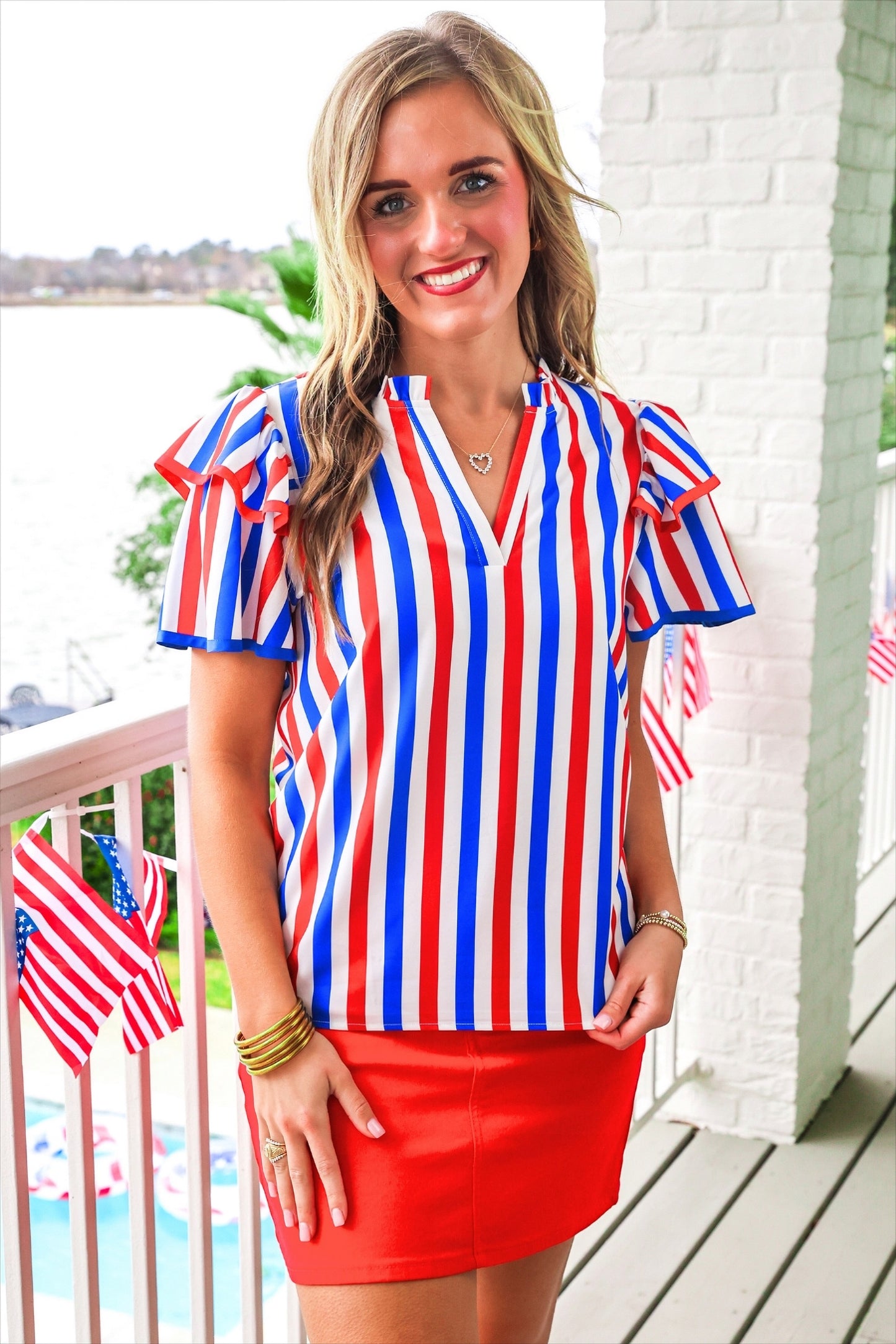 PREORDER- Kennedy Flutter Sleeve Blouse- Patriotic Stripes