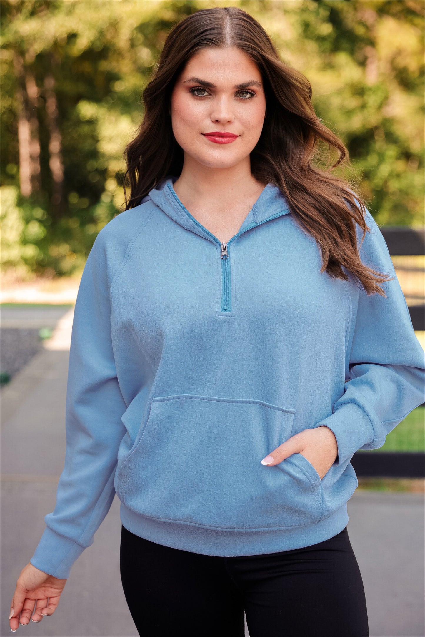 Kayla Luxe Hooded Quarter Zip Pullover- Light Blue