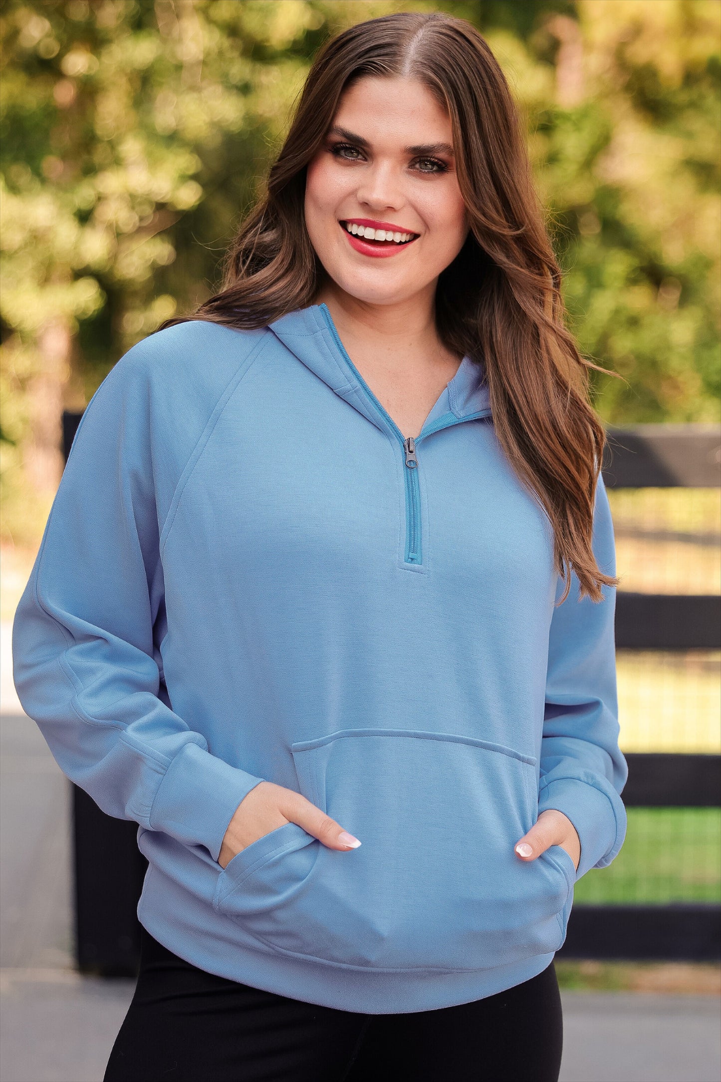 Kayla Luxe Hooded Quarter Zip Pullover- Light Blue