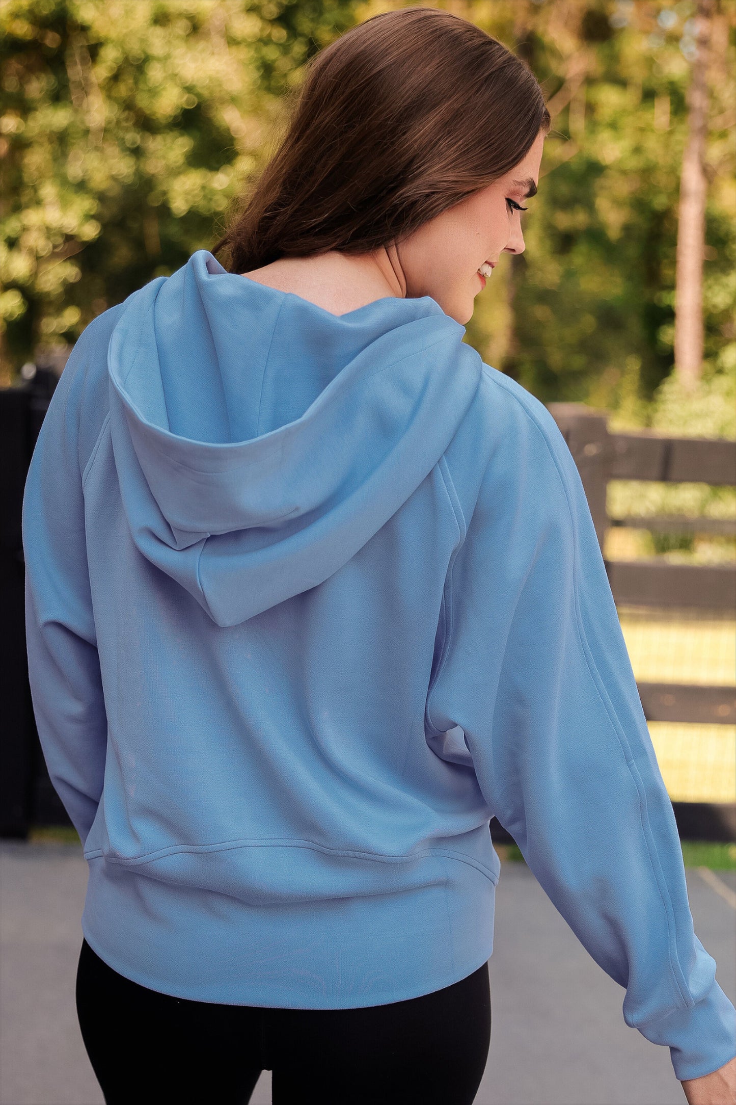 Kayla Luxe Hooded Quarter Zip Pullover- Light Blue