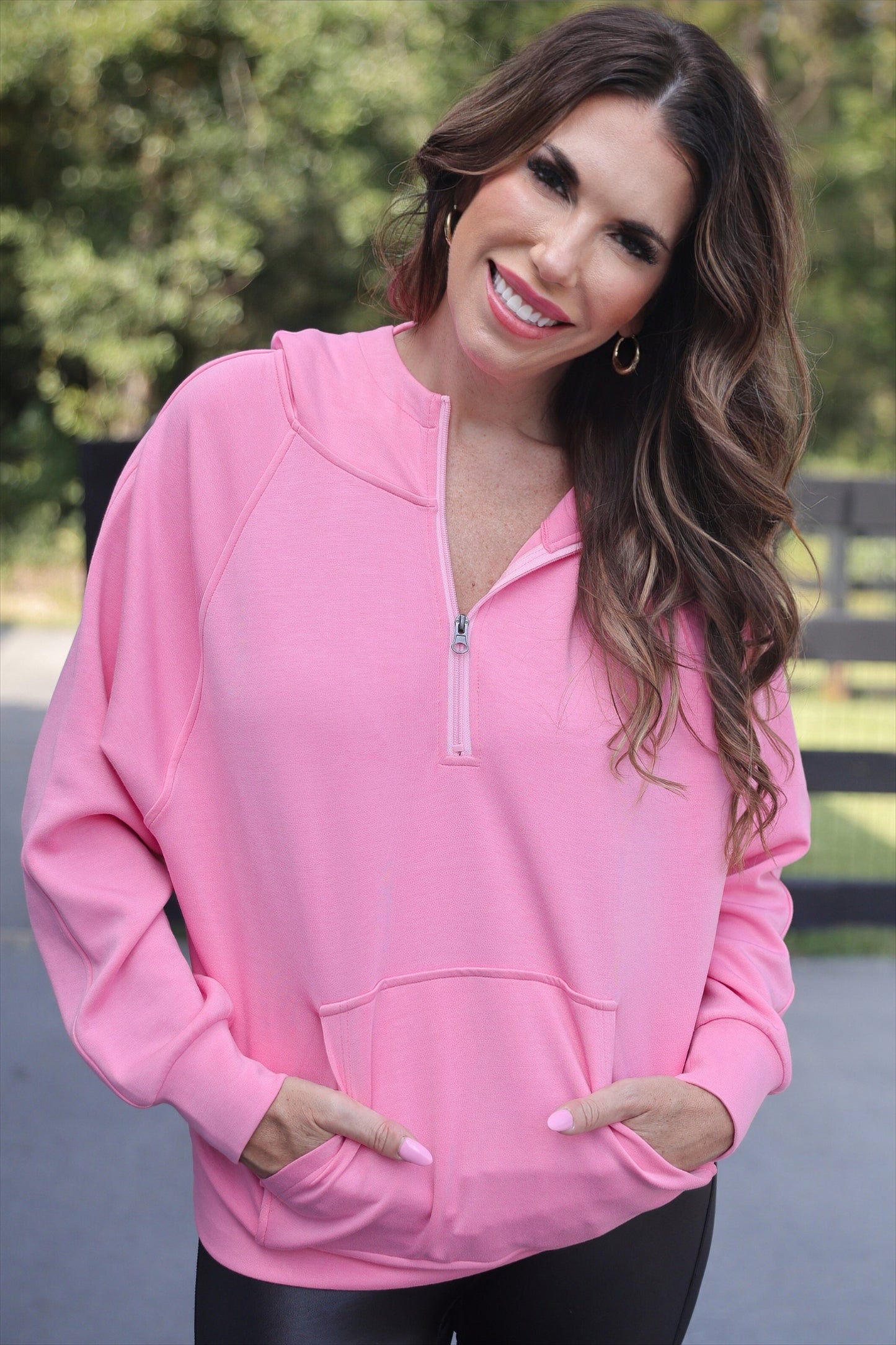 Kayla Luxe Hooded Quarter Zip Pullover- Light Pink