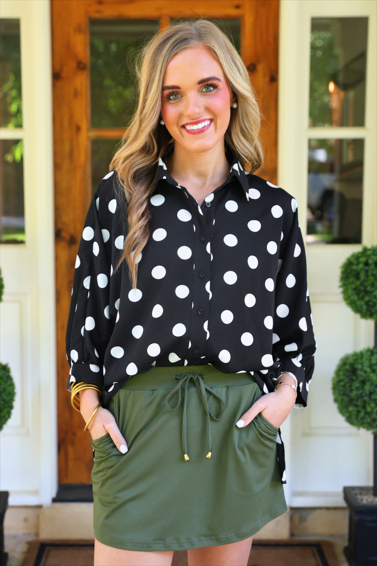 PREORDER- Sloane Button Up Top- After Dark Polka Dot