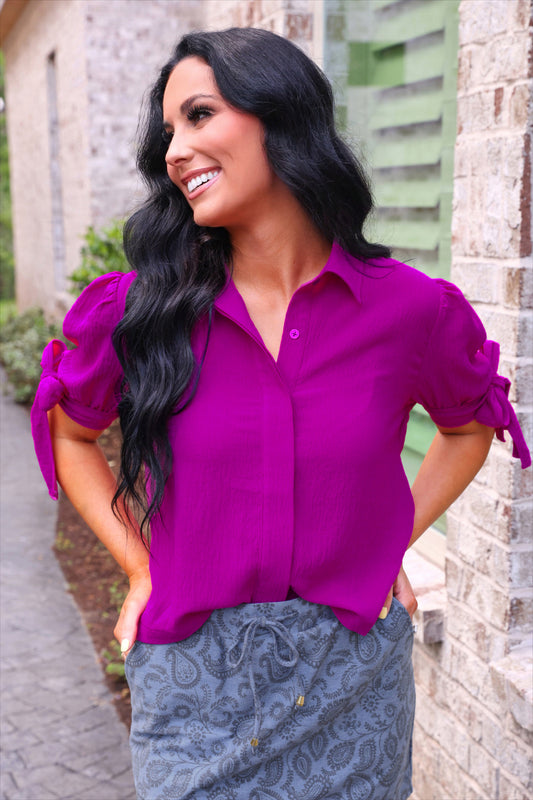 PREORDER- Lainey Tie Sleeve Top- Fuschia