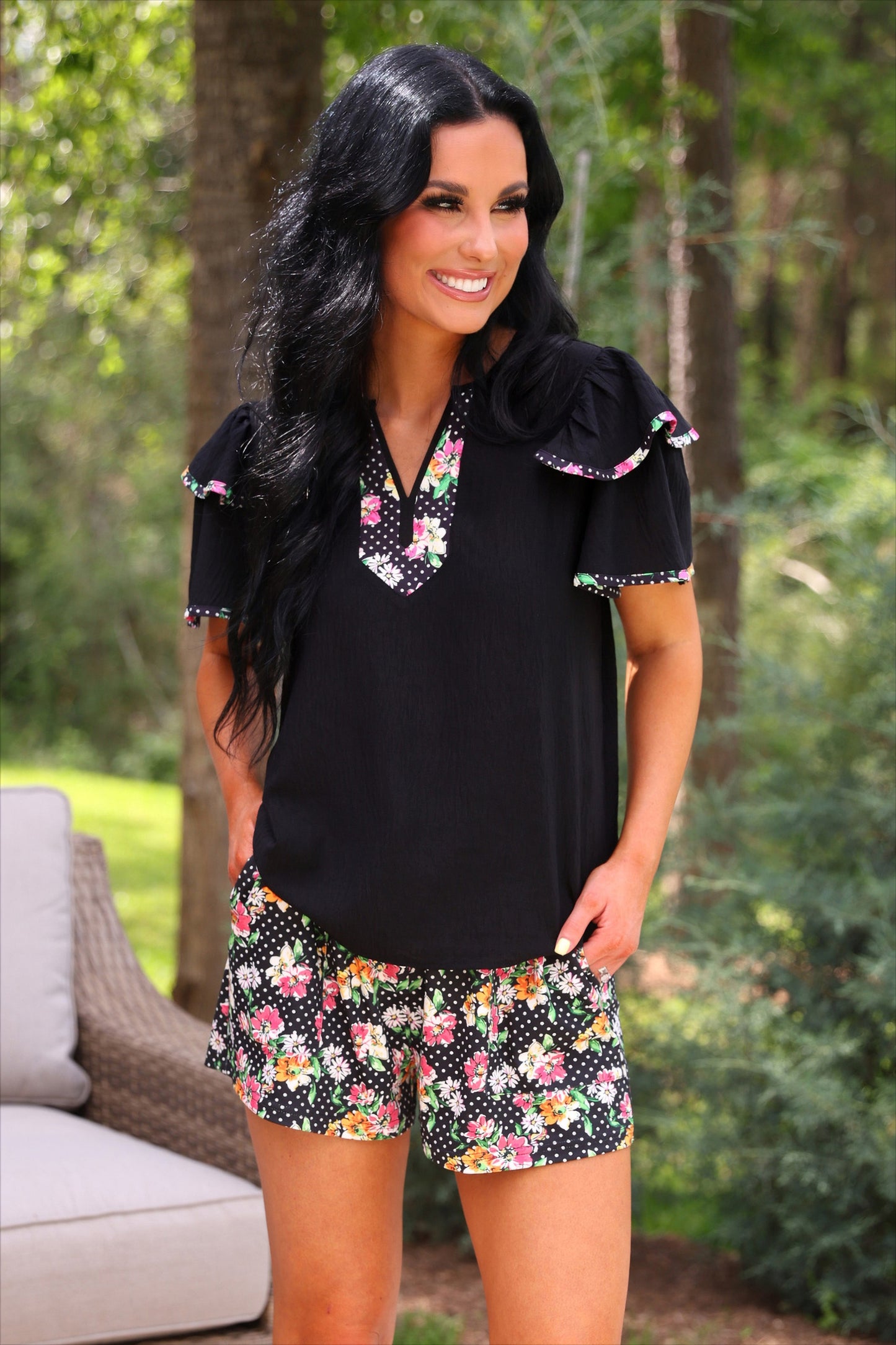 Ava Flutter Sleeve Blouse- Daisy Polka Dot