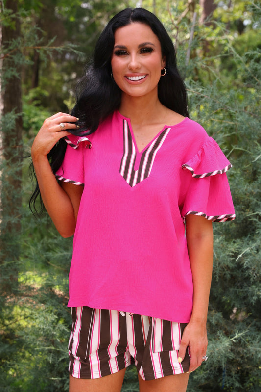 PREORDER- Ava Flutter Sleeve Blouse- Neapolitan Stripes