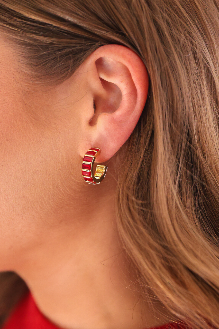 Baguette Stone C-Hoop Earrings- Red