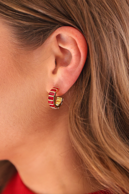 Baguette Stone C-Hoop Earrings- Red