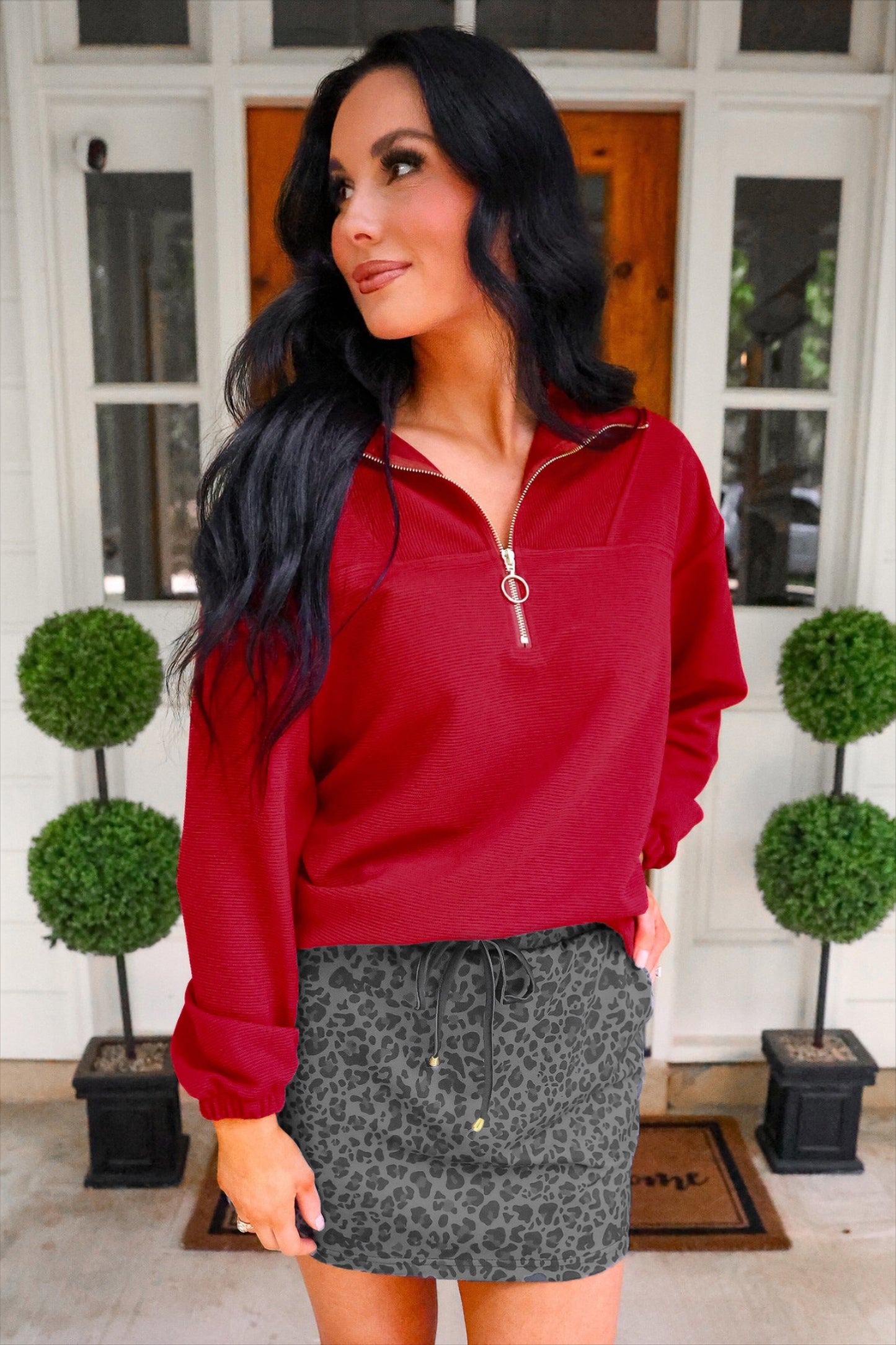 PREORDER- Levi Ribbed Quarter Zip Pullover- Red
