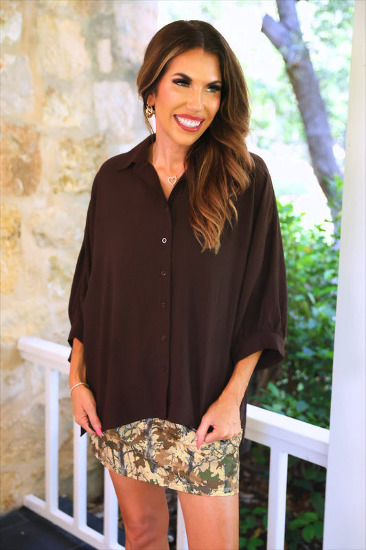 PREORDER- Sloane Button Up Top- Chocolate