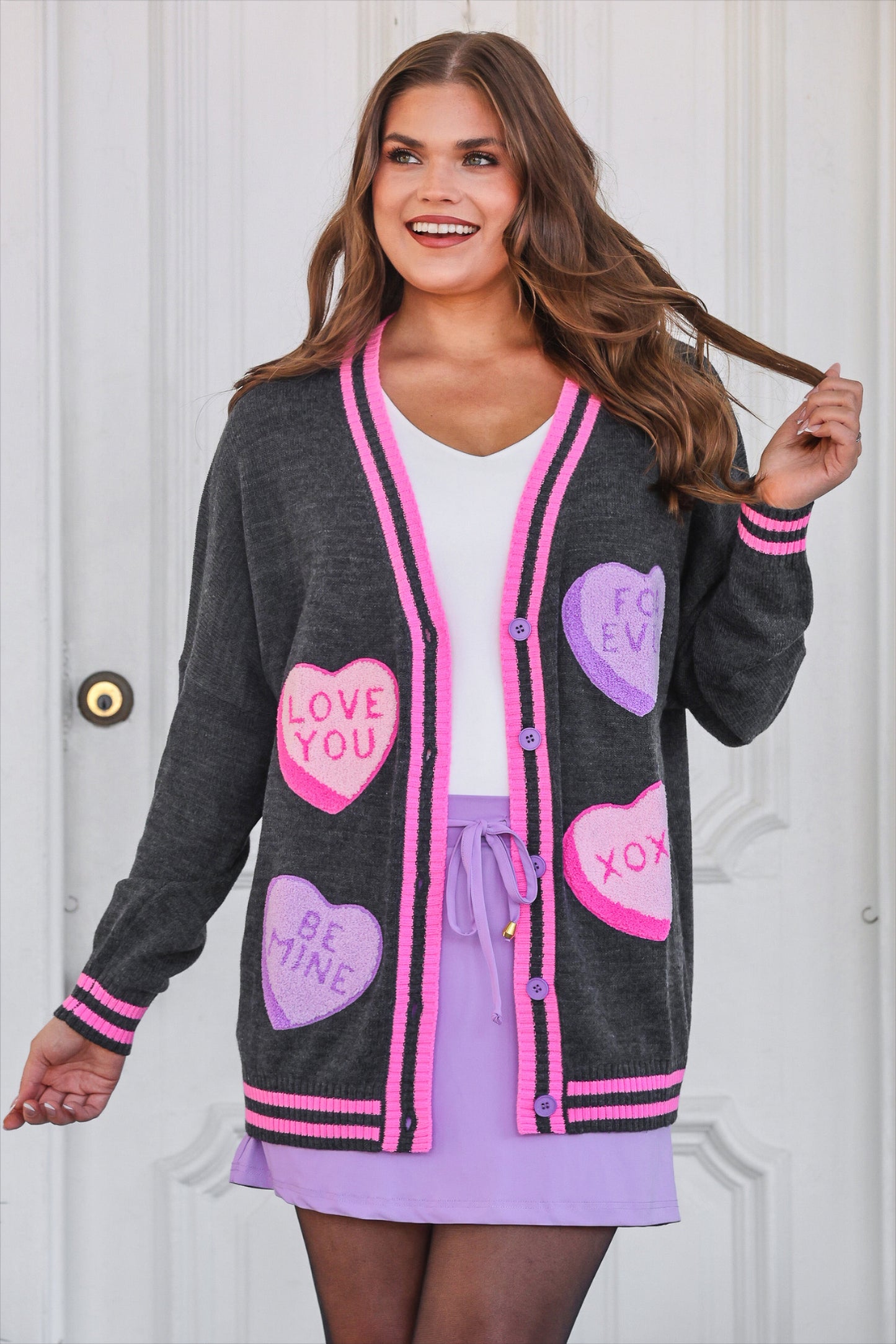PREORDER- Chenille Patch Candy Hearts Relaxed Cardigan