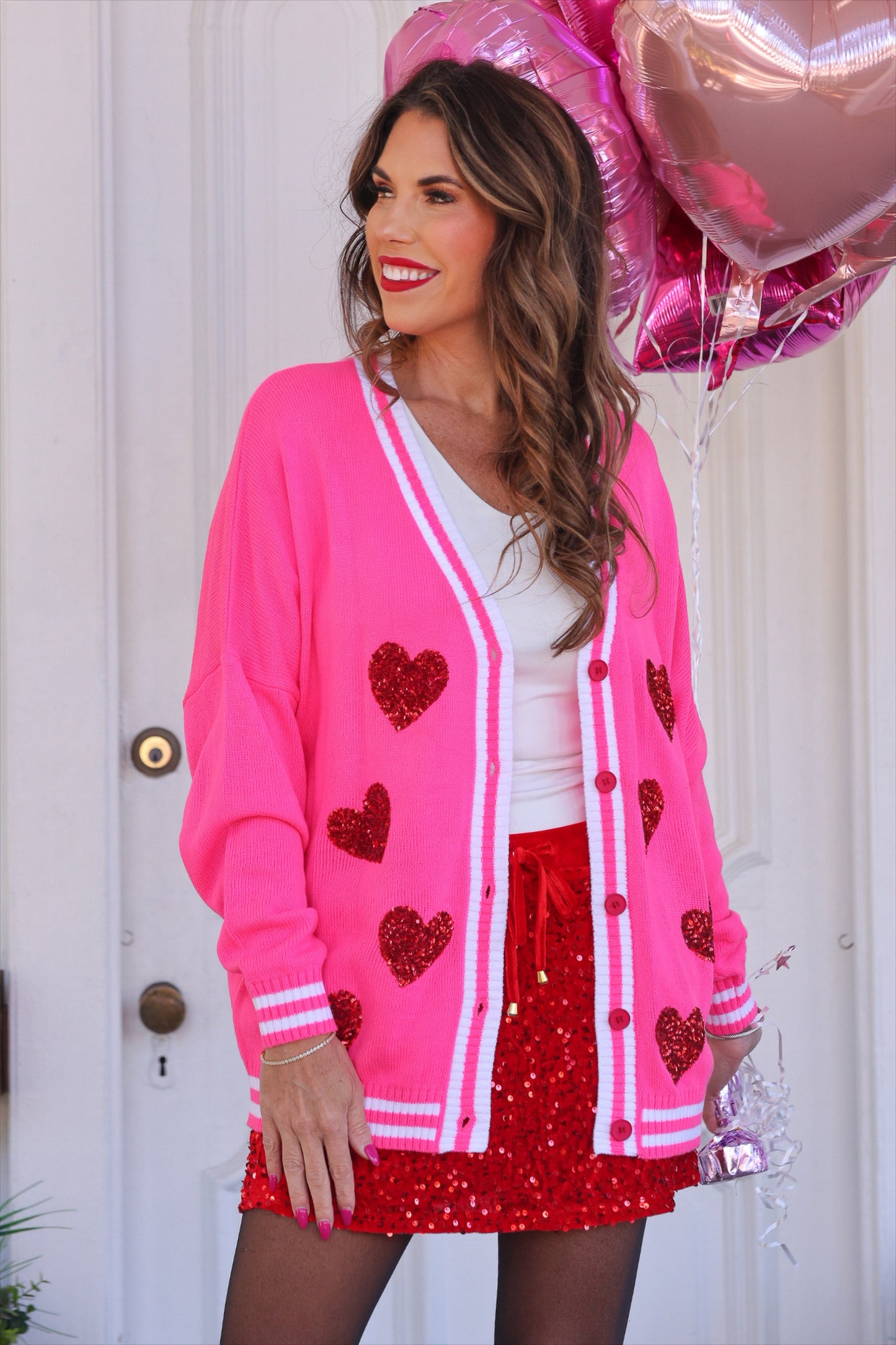 PREORDER- Sequin Patch Happy Hearts Relaxed Cardigan