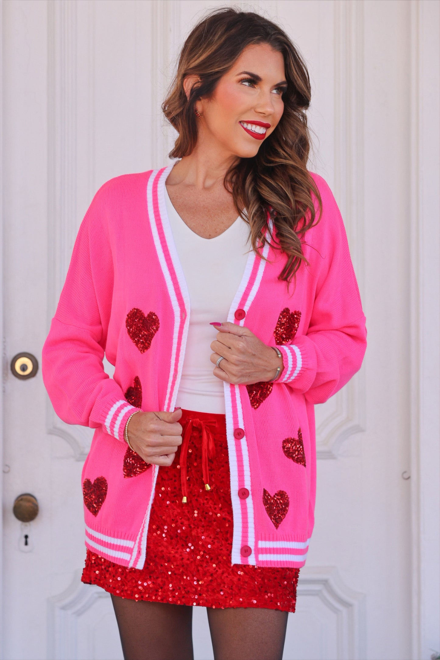 PREORDER- Sequin Patch Happy Hearts Relaxed Cardigan