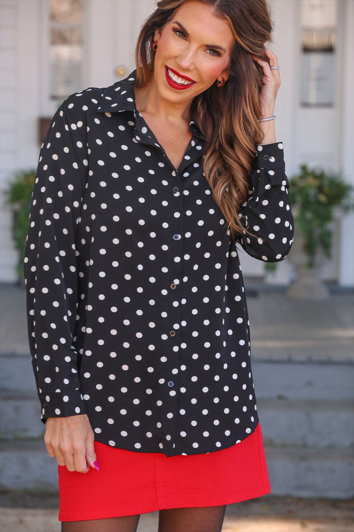 PREORDER- Nina Button Up Tunic- After Dark Polka Dot