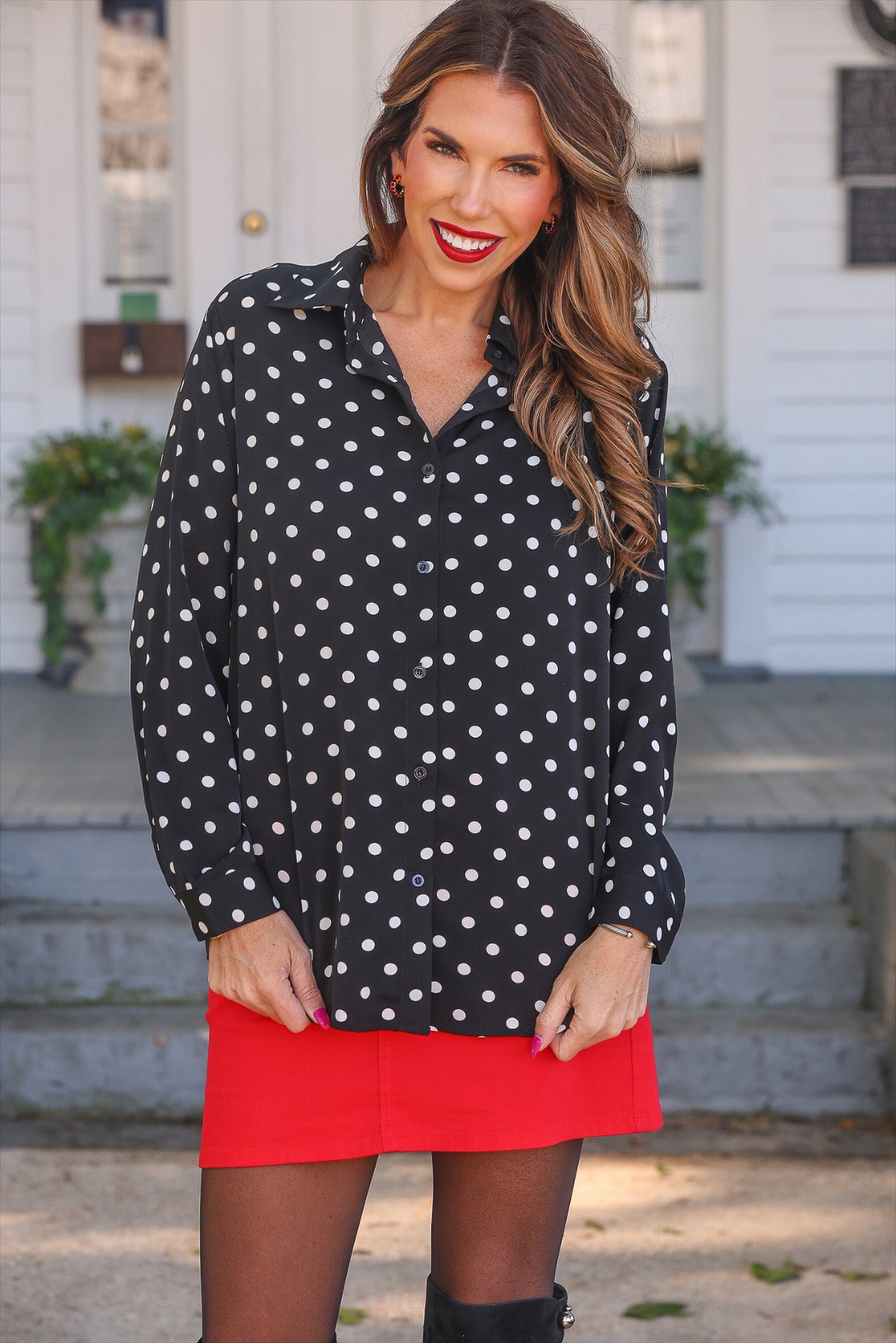 PREORDER- Nina Button Up Tunic- After Dark Polka Dot