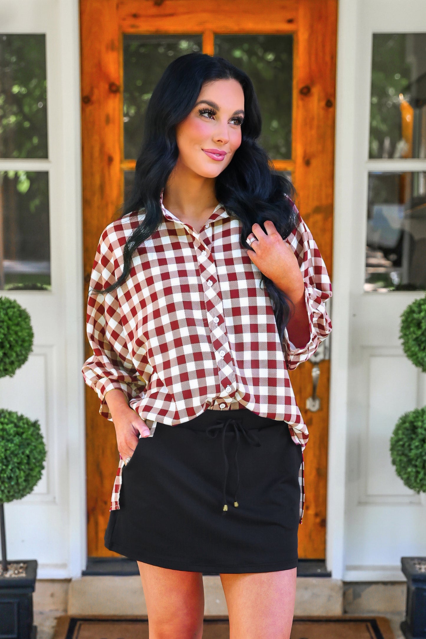PREORDER- Sloane Button Up Top- Burgundy Gingham