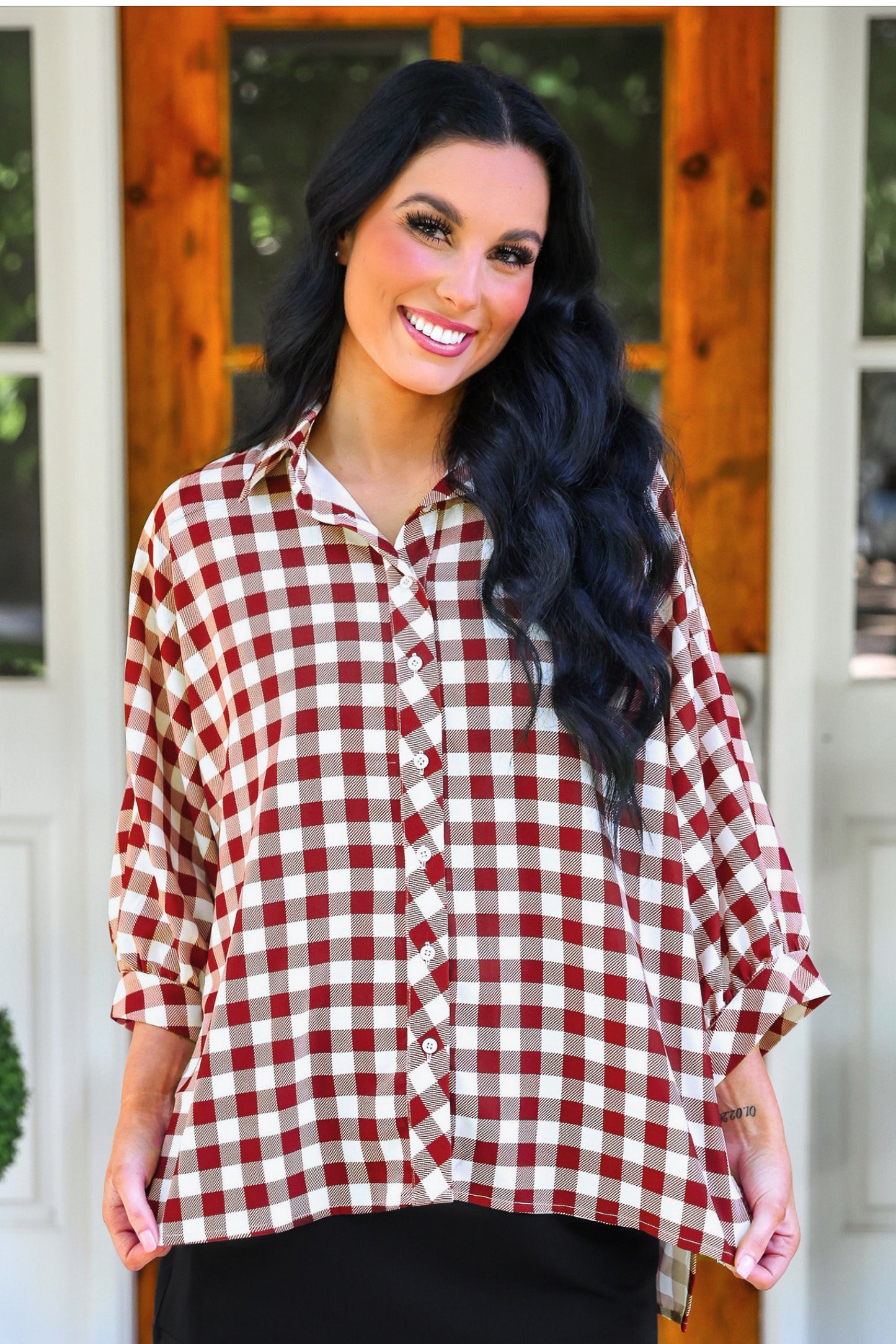 PREORDER- Sloane Button Up Top- Burgundy Gingham