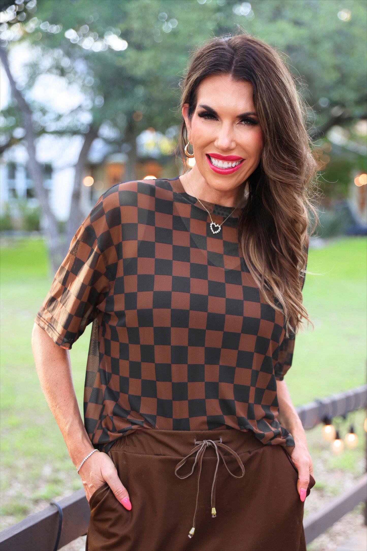 PREORDER- Emma Mesh Tee- Black and Chocolate Checkered