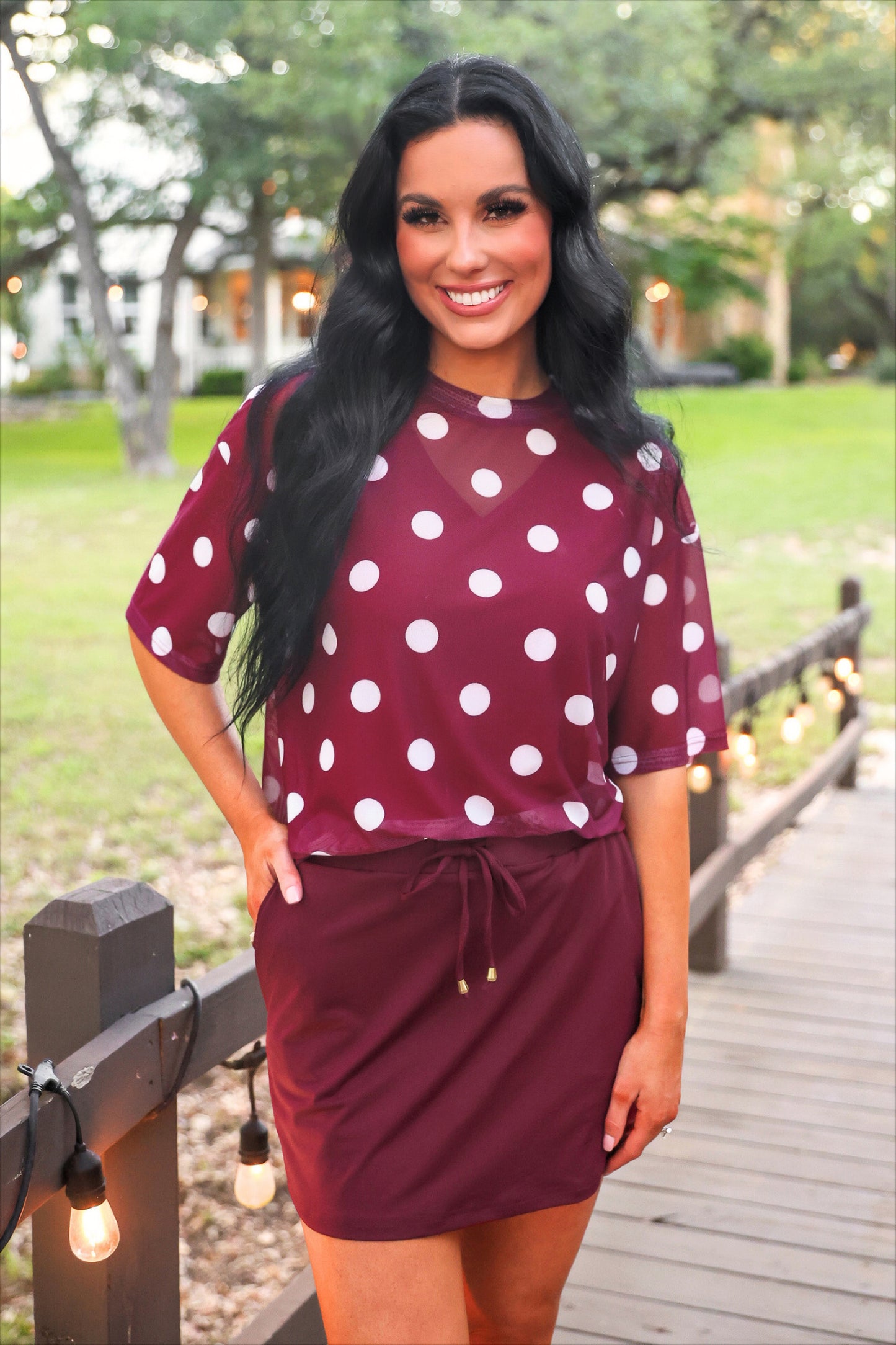 PREORDER- Emma Mesh Tee- Burgundy Polka Dot