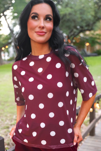 PREORDER- Emma Mesh Tee- Burgundy Polka Dot