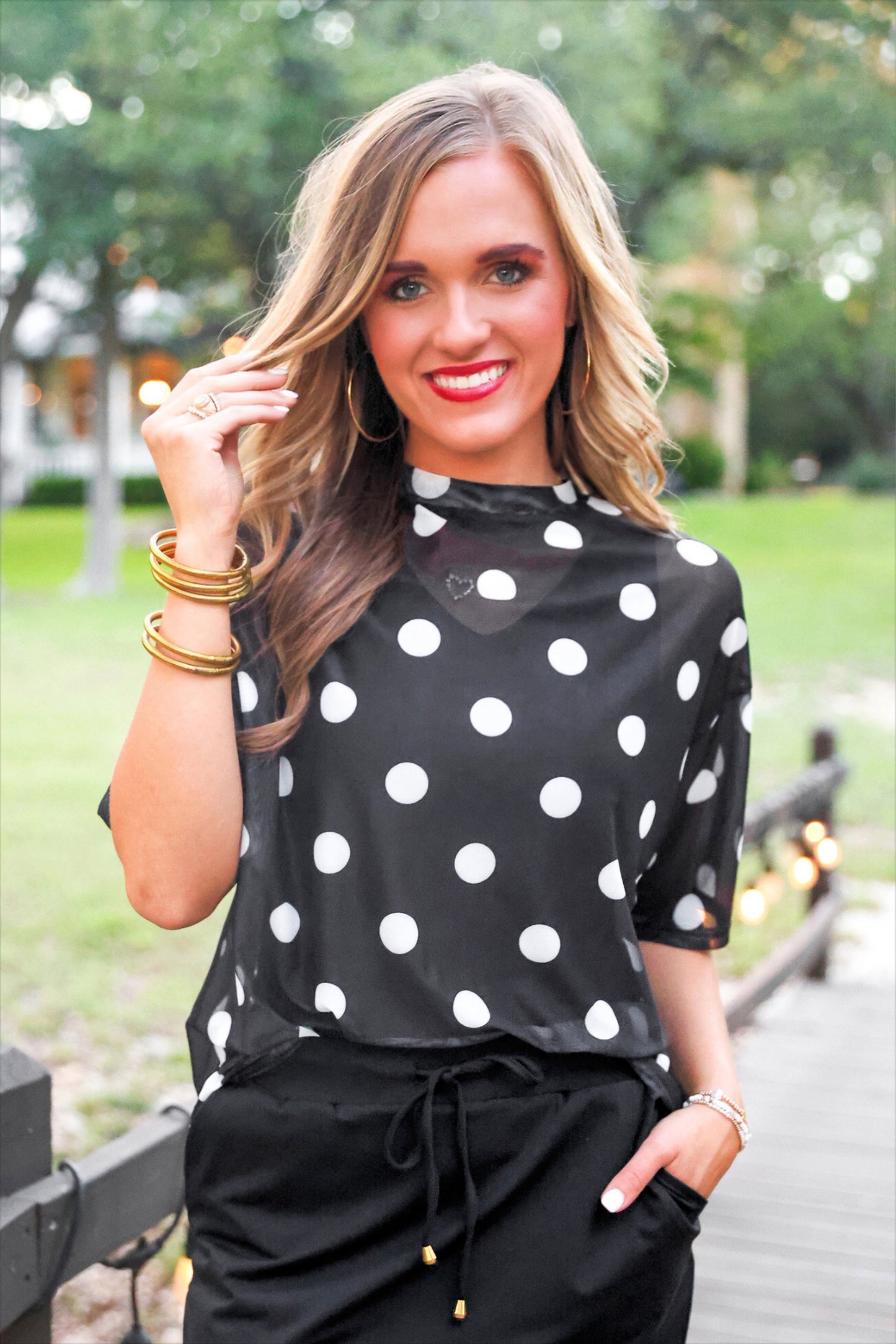PREORDER- Emma Mesh Tee- After Dark Polka Dot