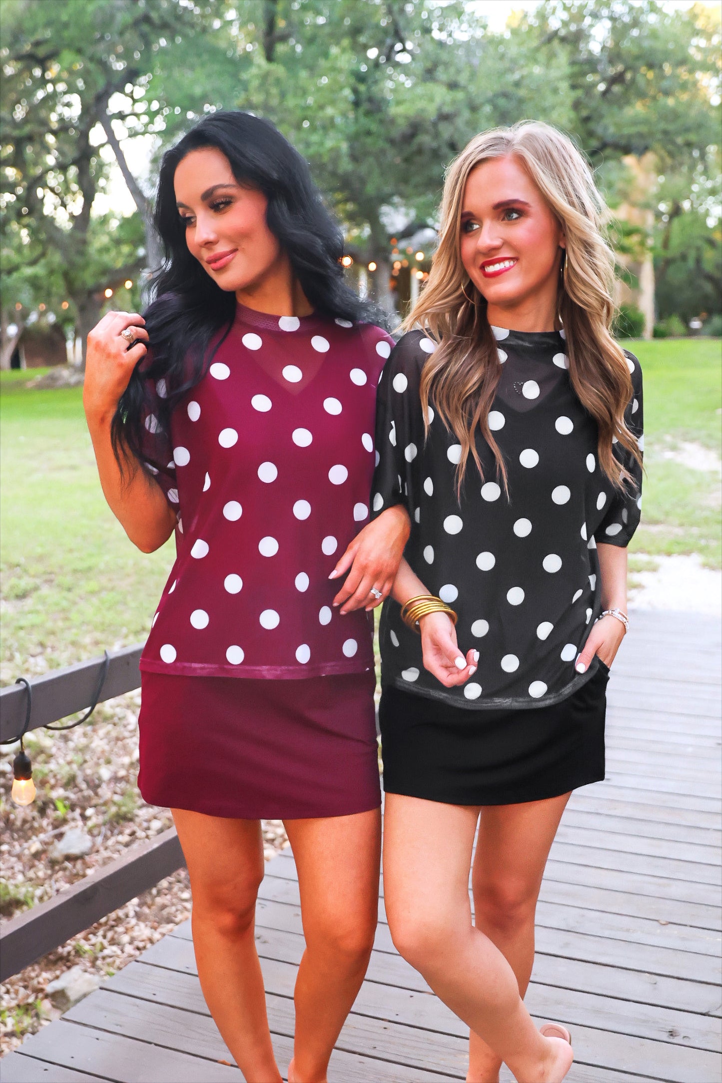PREORDER- Emma Mesh Tee- Burgundy Polka Dot