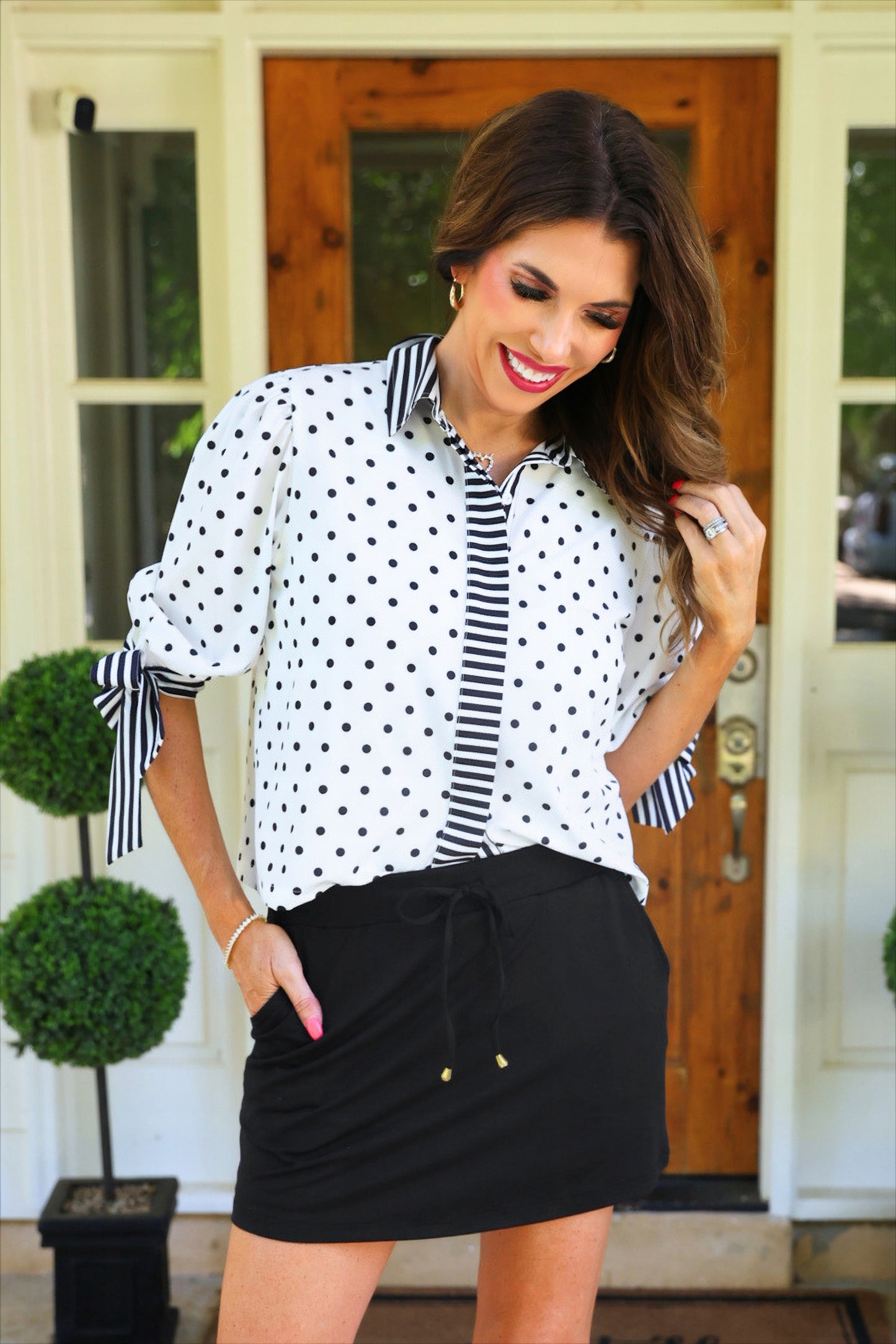 PREORDER- Cassidy Tie Sleeve Top- White Polka Dot/Stripes