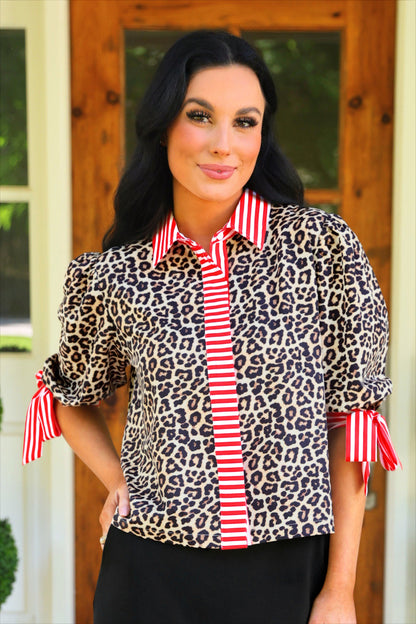 PREORDER- Cassidy Tie Sleeve Top- Leopard/Red Stripes