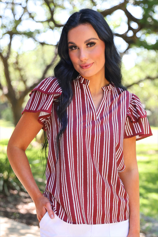 PREORDER- Layla Striped Flutter Sleeve Blouse- Maroon
