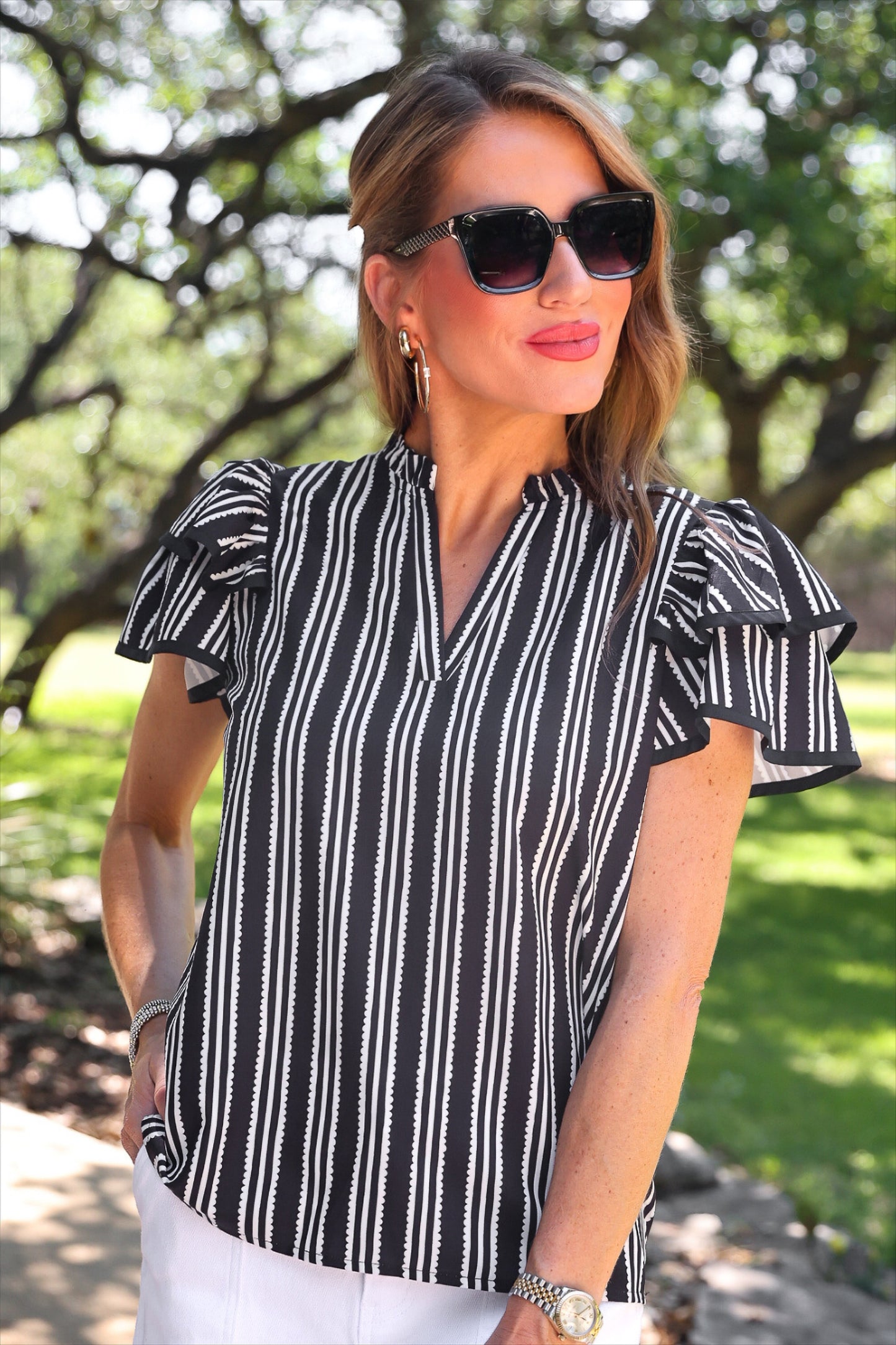 PREORDER- Layla Striped Flutter Sleeve Blouse- Black