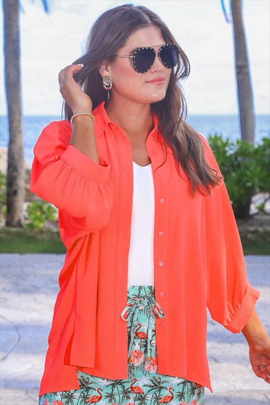 PREORDER- Sloane Button Up Top- Neon Coral