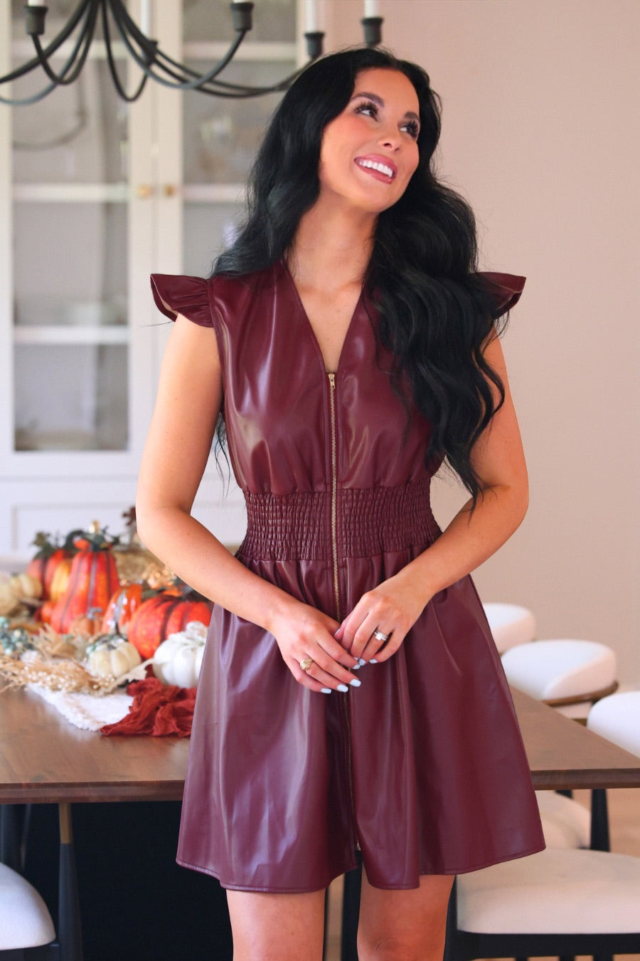 PREORDER- Downtown Leather Zipper Dress- Burgundy