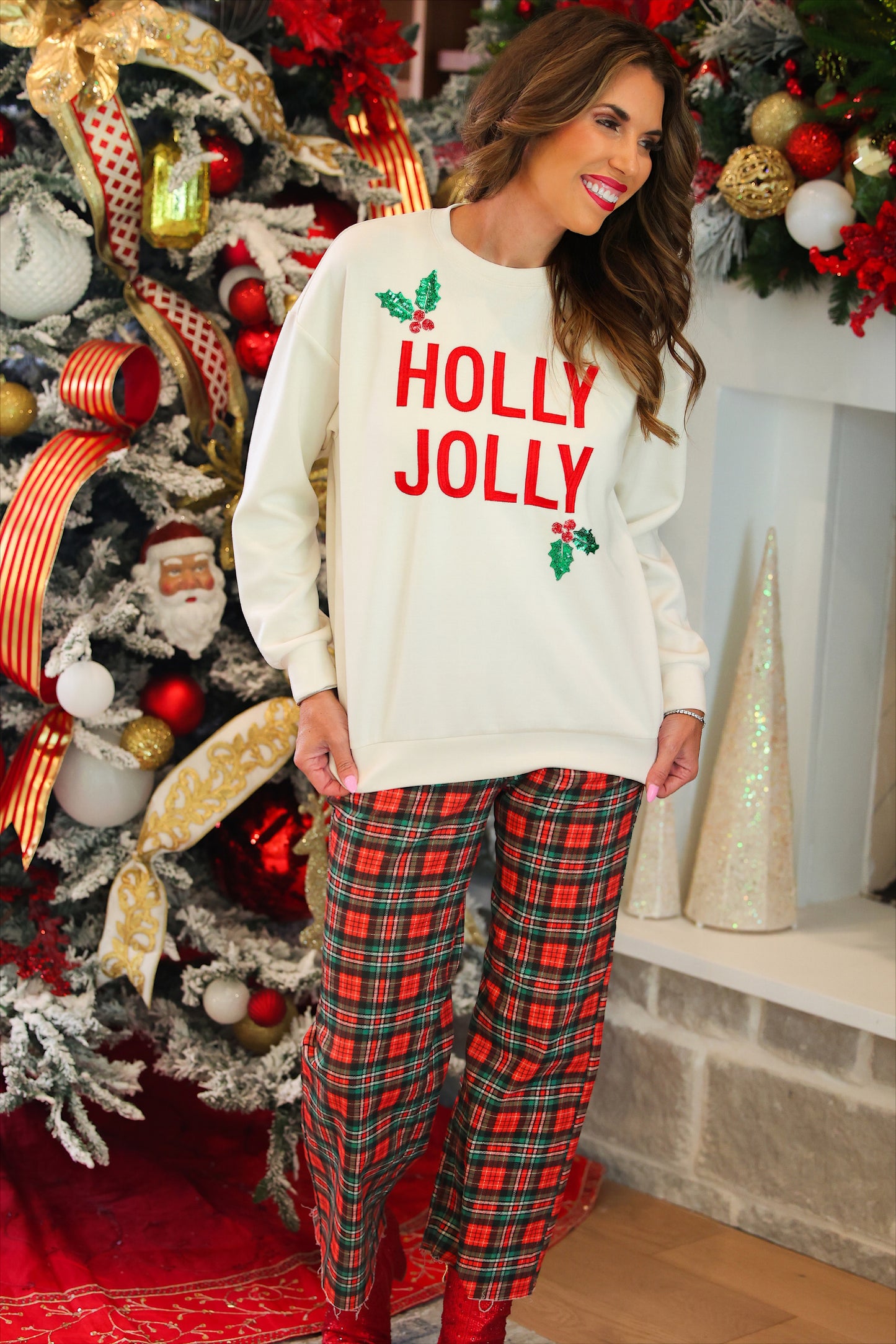 PREORDER- Just Vibing Denim Pants- Red Christmas Plaid