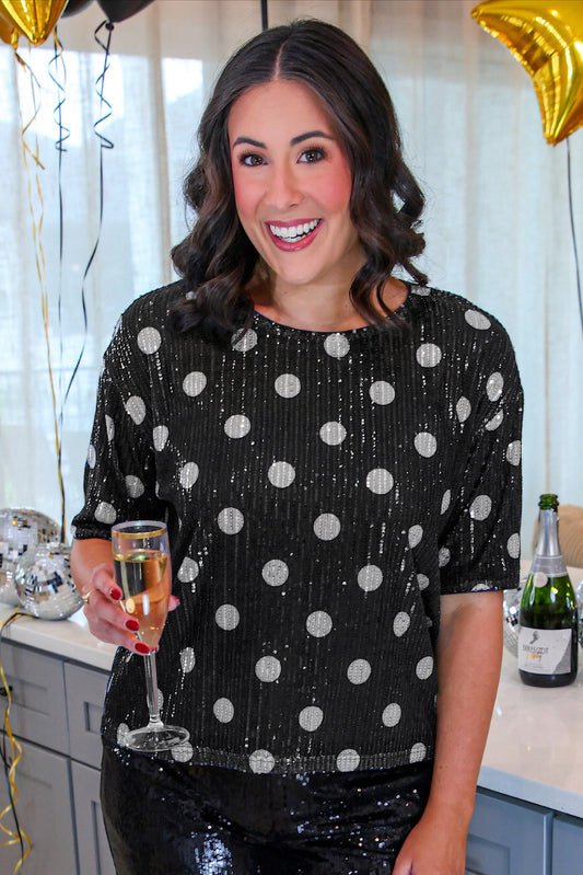 PREORDER- Polka Dot Pop Sequin Top- Black/Silver